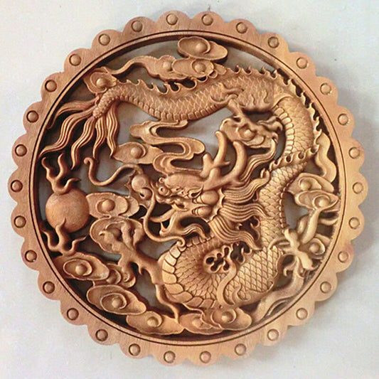 Wood Carving Camphor Wood Chinese Antique Wall Hanging Round Hollow Carving