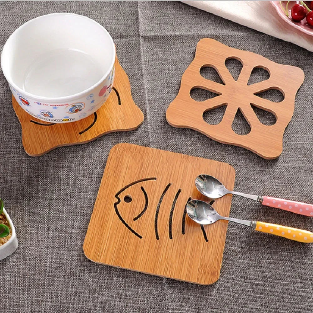 1 PCS Cat/ Fish/ Flower Bamboo Heat Resistant Trivet Mat Hot Pot Holder Teapot Trivet Pad Coaster Table Placemat Coffee Tea Cup Holder