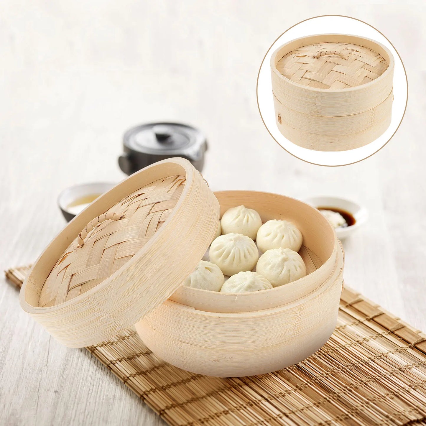 1 Set Bamboo Food Steamer Covered Bamboo Dumpling Bun Steamer Basket Kitchen Steamer For Chinese Food Buns Making Cooking Tool