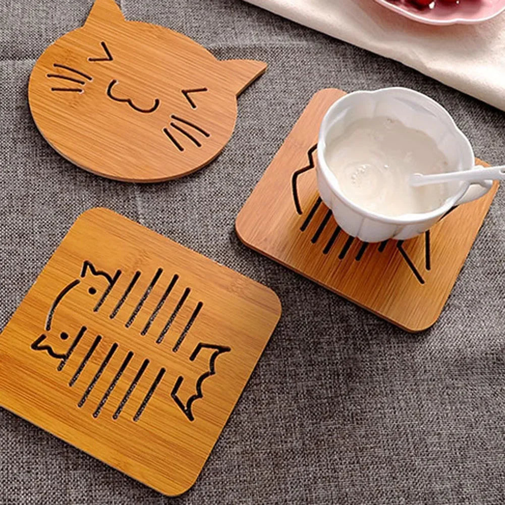 1 PCS Cat/ Fish/ Flower Bamboo Heat Resistant Trivet Mat Hot Pot Holder Teapot Trivet Pad Coaster Table Placemat Coffee Tea Cup Holder