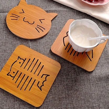 1 PCS Cat/ Fish/ Flower Bamboo Heat Resistant Trivet Mat Hot Pot Holder Teapot Trivet Pad Coaster Table Placemat Coffee Tea Cup Holder